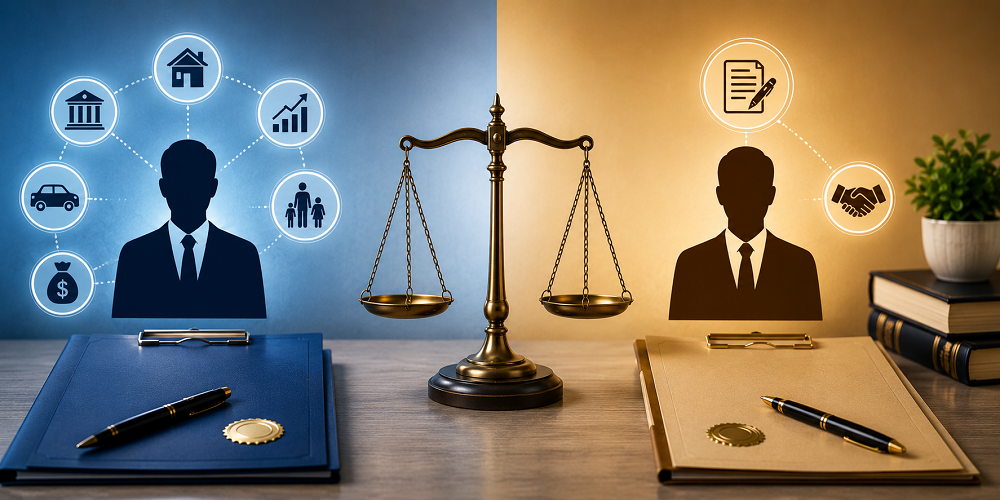General Power of Attorney document on a legal office desk with a gavel, law books, house model, and symbols representing choosing, managing, and canceling legal authority.